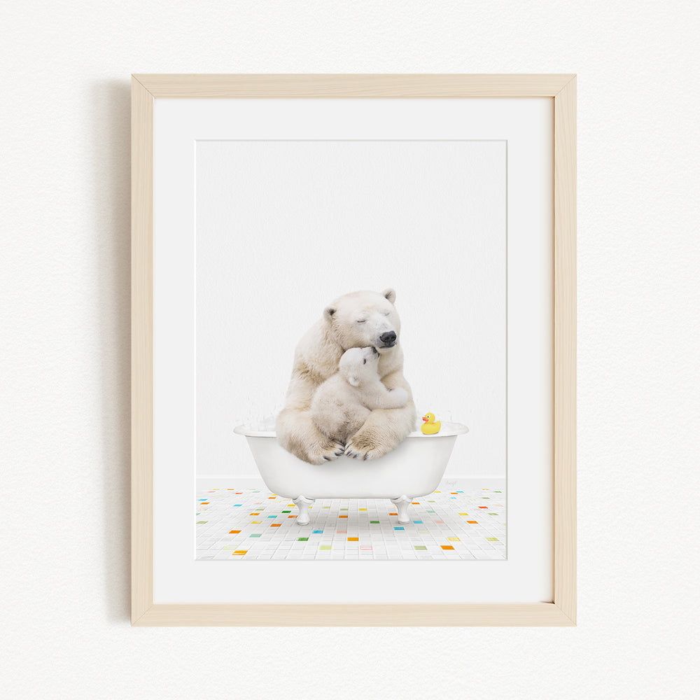A polar bear and a cub are sitting together in a bathtub, with a rubber duck floating nearby.