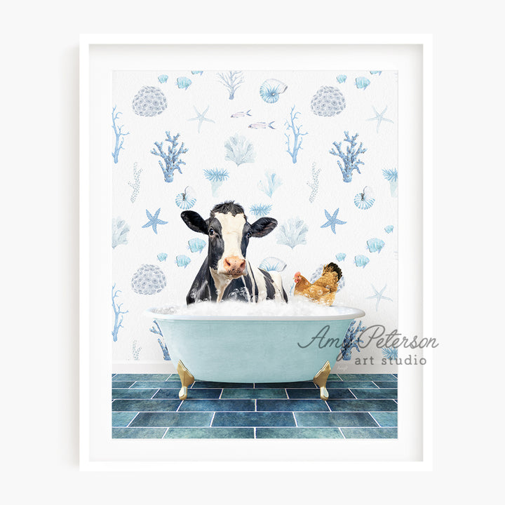 a painting of a cow in a bathtub with two cats