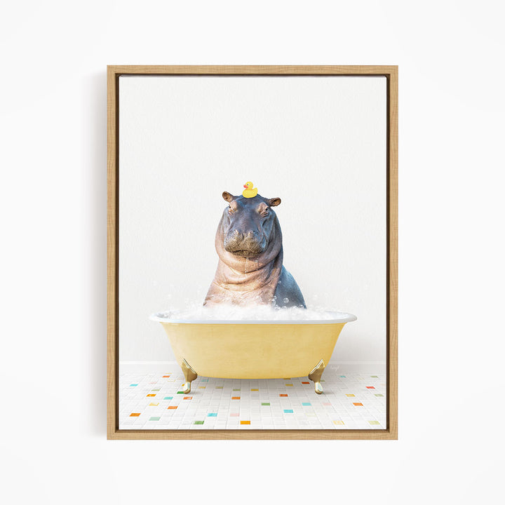 A hippopotamus sitting in a yellow bathtub, with a rubber duck perched on its head.