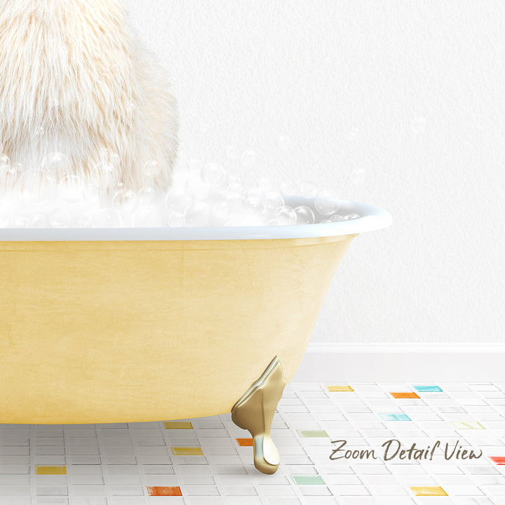 A fluffy white cat is sitting in a yellow bathtub filled with bubbles, with a colorful tiled floor in the foreground.