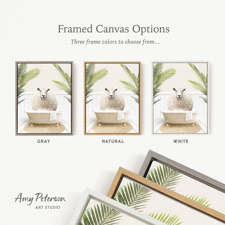 three framed canvas options featuring a sheep in a bathtub, each with a different frame color: gray, natural, and white.