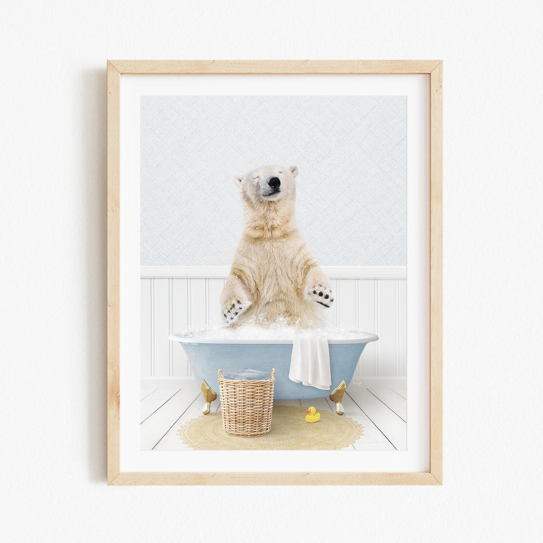 A polar bear sitting in a bathtub filled with water, surrounded by rubber ducks and a towel.