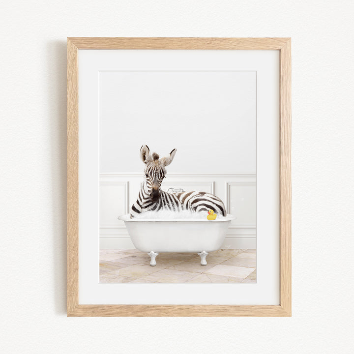 A zebra is sitting in a white bathtub, with a yellow rubber duck floating on the water.
