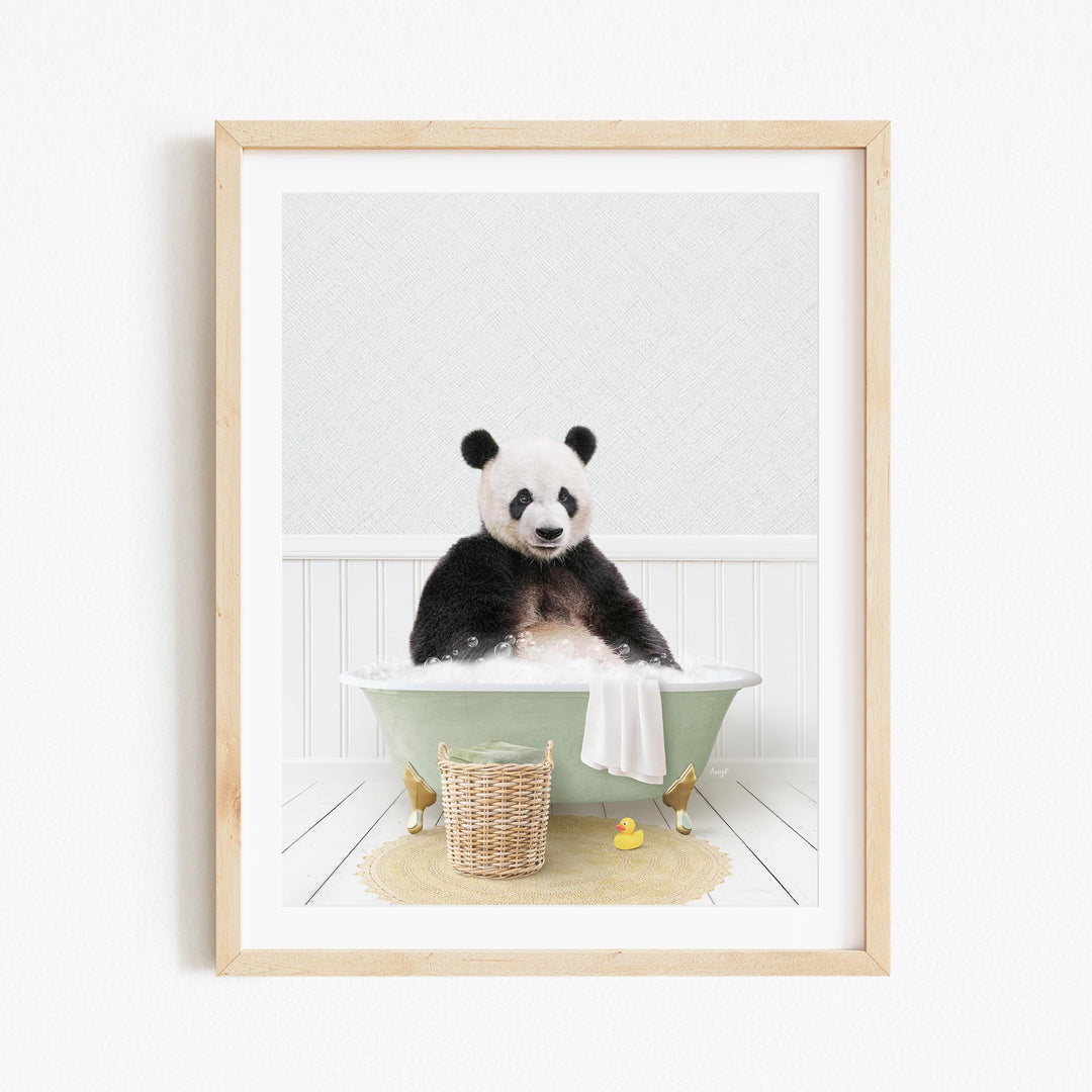A panda bear sitting in a green bathtub filled with bubbles, surrounded by rubber duckies and a basket.