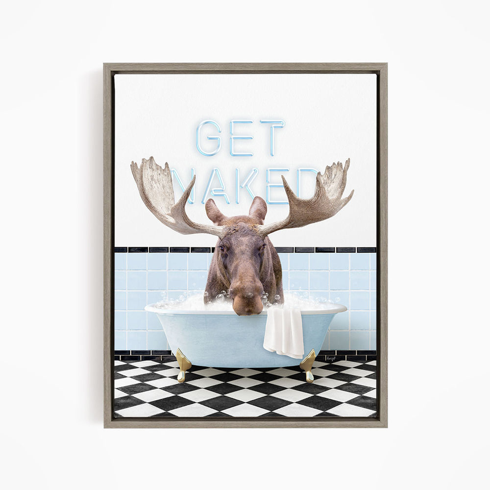 A moose is sitting in a bathtub filled with water, with the words "GET WAKED" written on the wall behind it.
