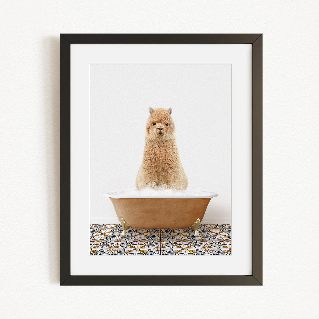 A fluffy brown dog sitting in a bathtub filled with water, surrounded by a patterned tile floor.