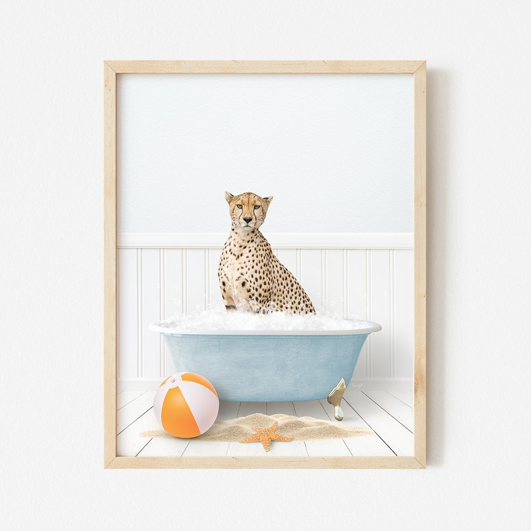 a picture of a cheetah sitting in a bathtub