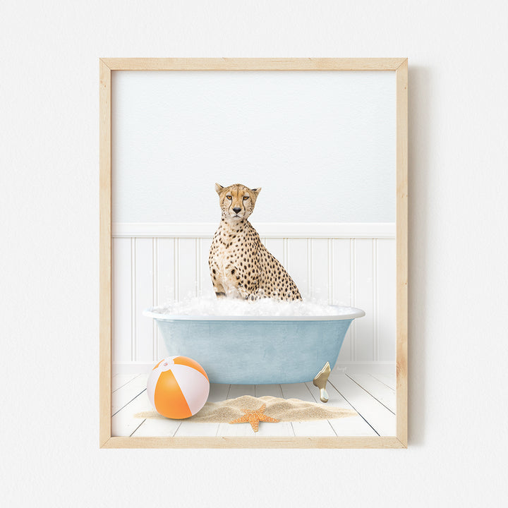 a picture of a cheetah sitting in a bathtub