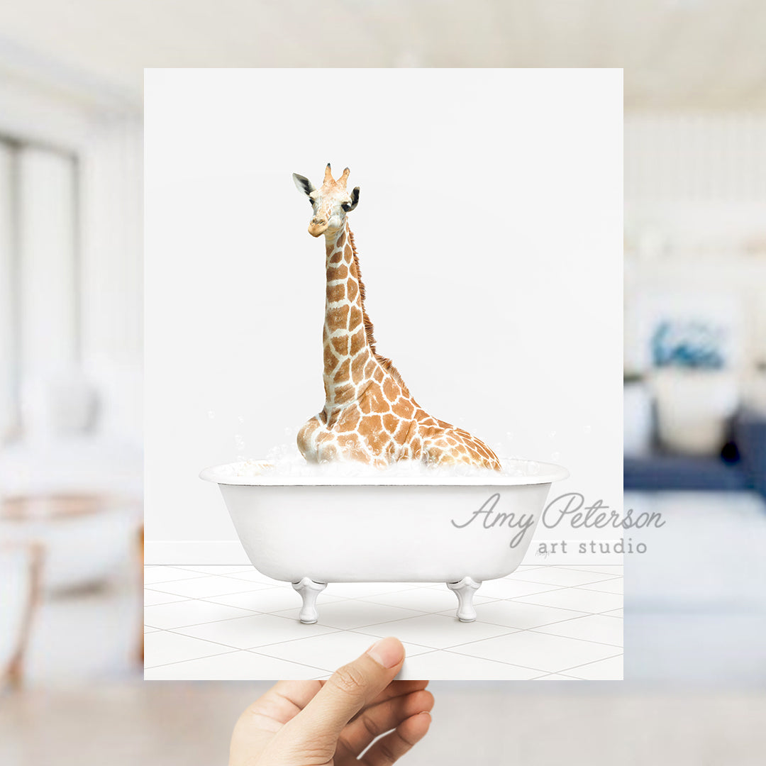 a giraffe is sitting in a bath tub