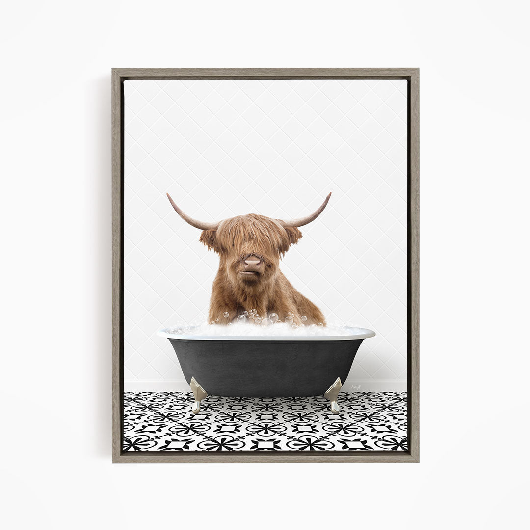 A Highland cow with shaggy brown hair is sitting in a black bathtub filled with water, creating a whimsical and playful scene.