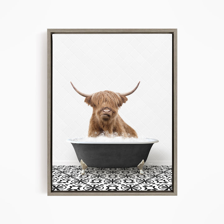 A Highland cow with shaggy brown hair is sitting in a black bathtub filled with water, creating a whimsical and playful scene.