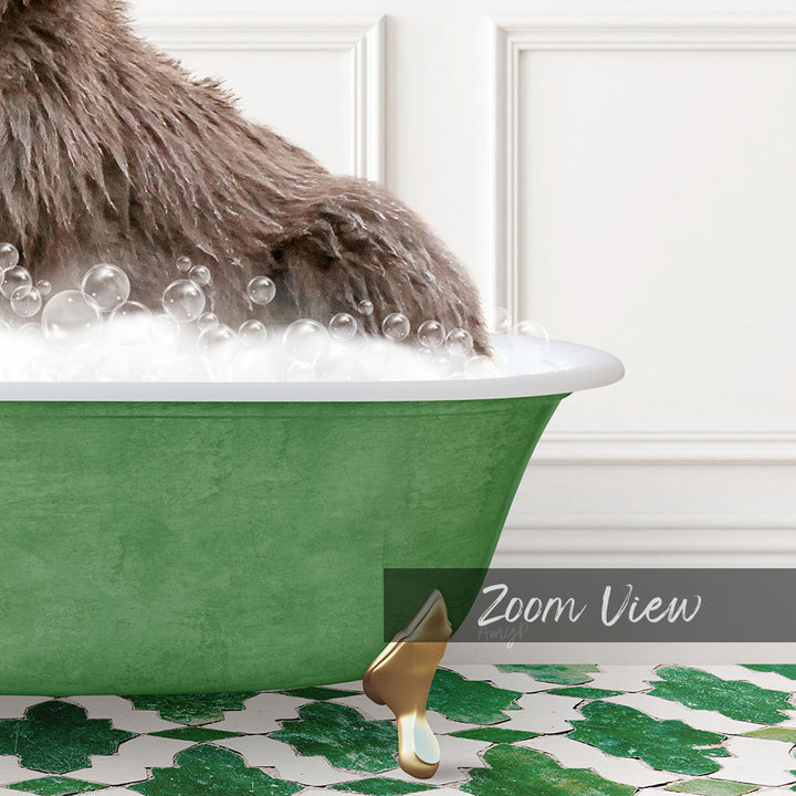 A fluffy brown dog is sitting in a green bathtub filled with bubbles, with a gold faucet and a white wall in the background.