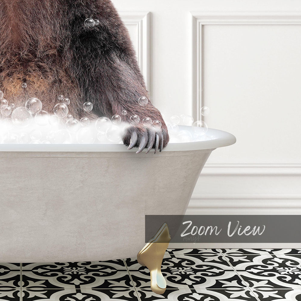 A close-up of a bear's paw in a bathtub filled with bubbles, with a text overlay that reads "Zoom View".
