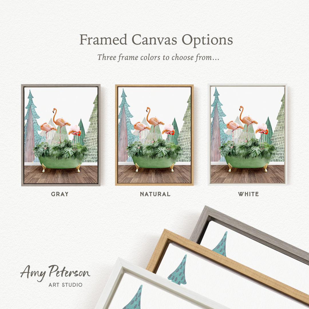 three framed canvas options, each featuring a different color and frame style. The options include a gray frame, a natural frame, and a white frame. The text above the options reads " Framed Canvas Options Three frame colors to choose from...".