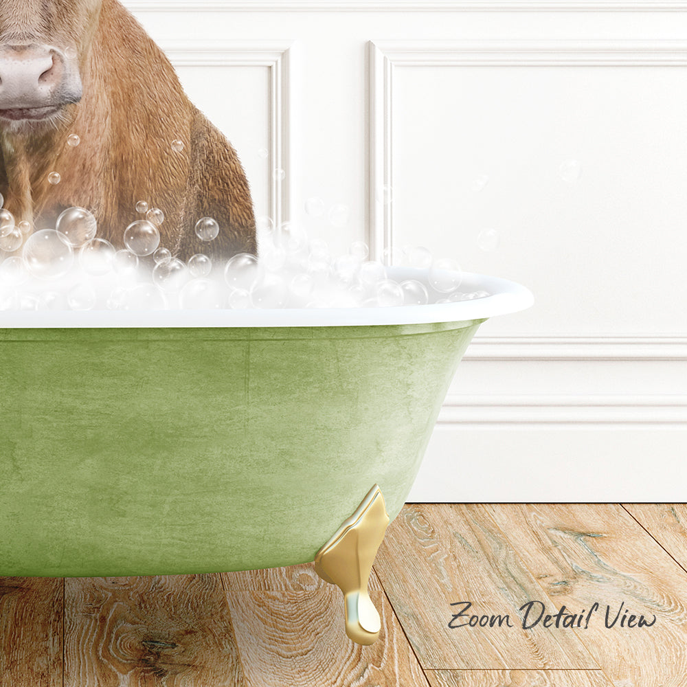 A brown dog is sitting in a green bathtub filled with bubbles, with a wooden floor visible in the background.