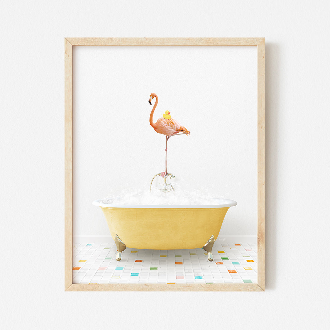 a pink flamingo standing on top of a bath tub