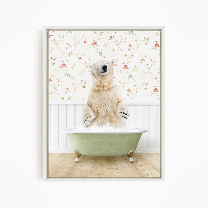 A polar bear standing in a green bathtub filled with water, with a floral wallpaper in the background.