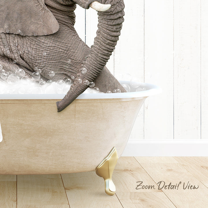 A large elephant is sitting in a bathtub filled with bubbles, creating a whimsical and playful scene.