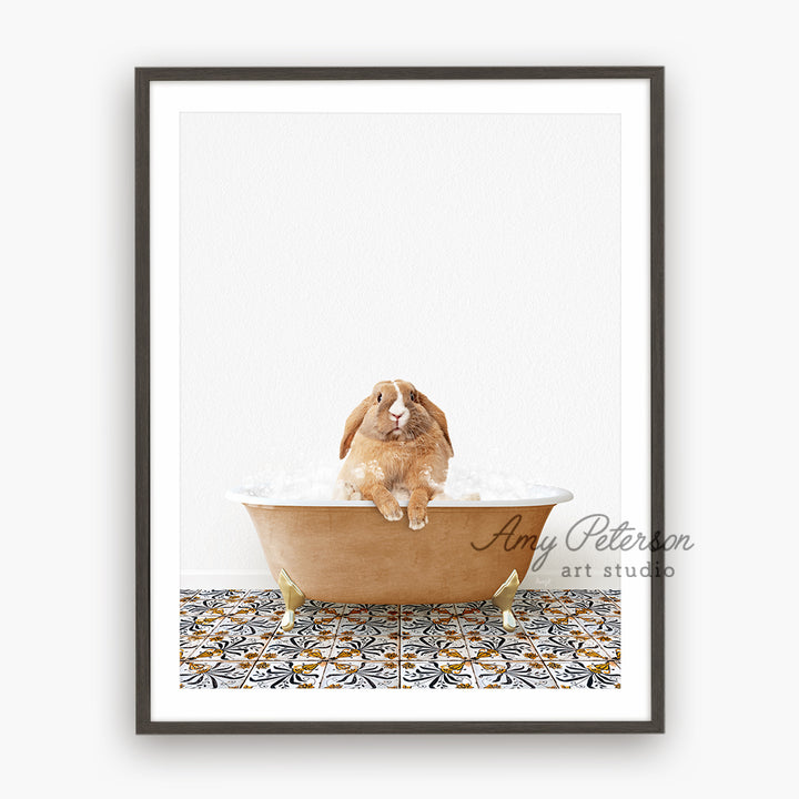 a brown dog sitting in a bath tub