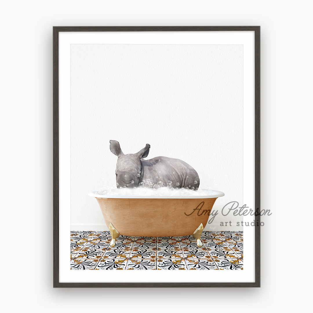 a rhino in a bathtub with a white background