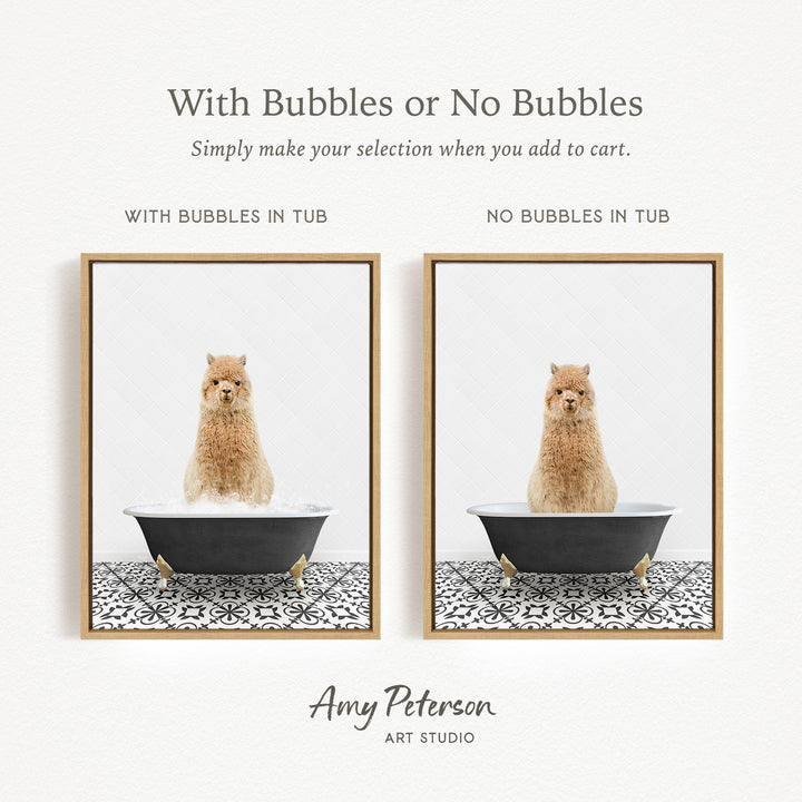 The image is a collage of two framed pictures, each featuring a small brown dog sitting in a bathtub. The dog appears to be enjoying the bath, with bubbles surrounding it. The text above the images reads "With Bubbles or No Bubbles" and below the images, it says "Simply make your selection when you add to cart."