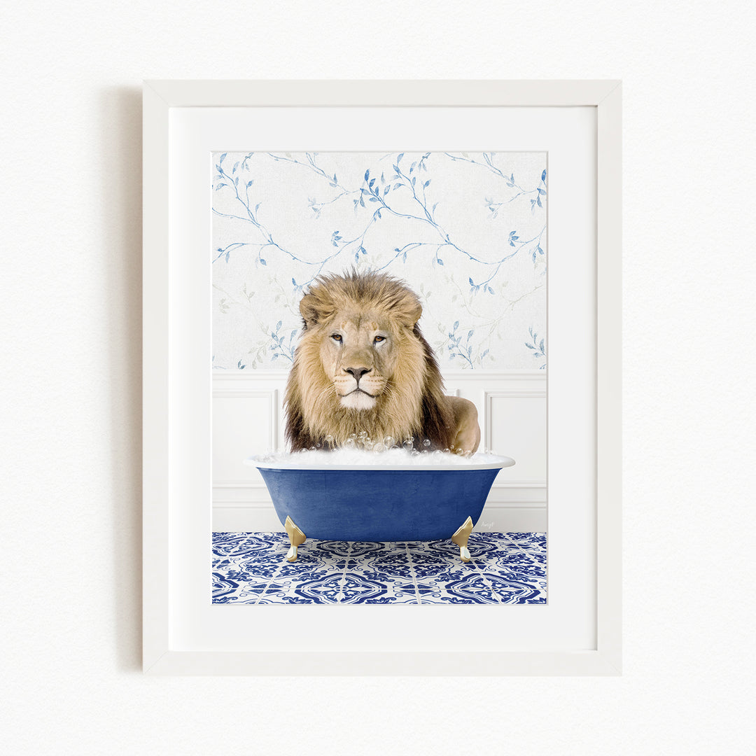 A lion sitting in a blue bathtub, surrounded by a blue and white patterned floor.