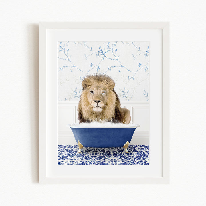 A lion sitting in a blue bathtub, surrounded by a blue and white patterned floor.