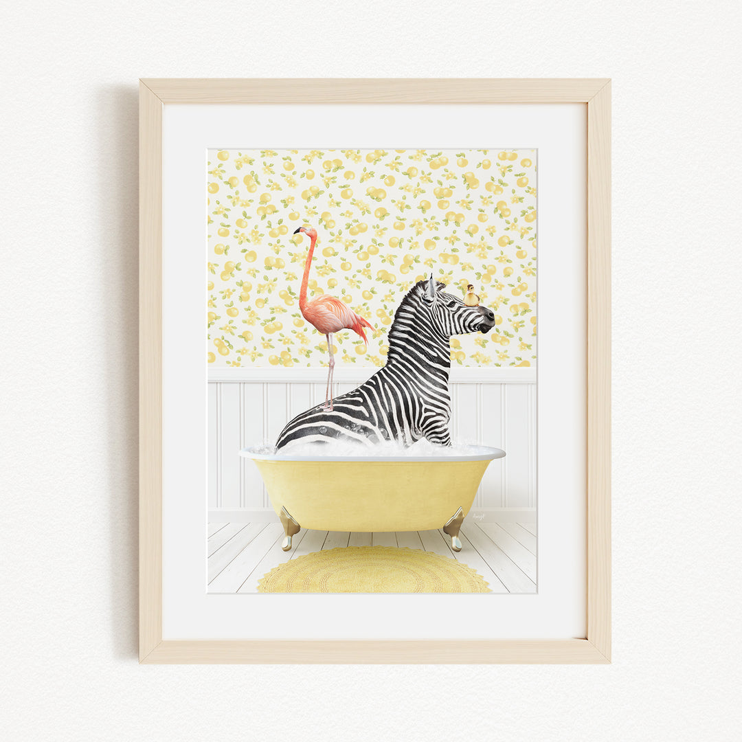 A framed image depicting a zebra sitting in a yellow bathtub, with a pink flamingo standing on its back.