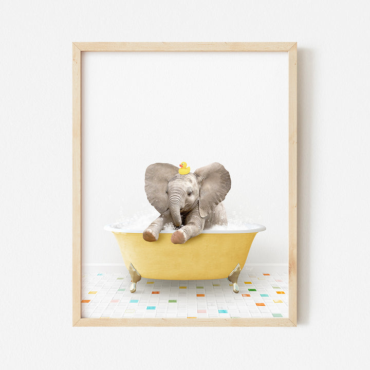 an elephant in a bathtub with a crown on its head