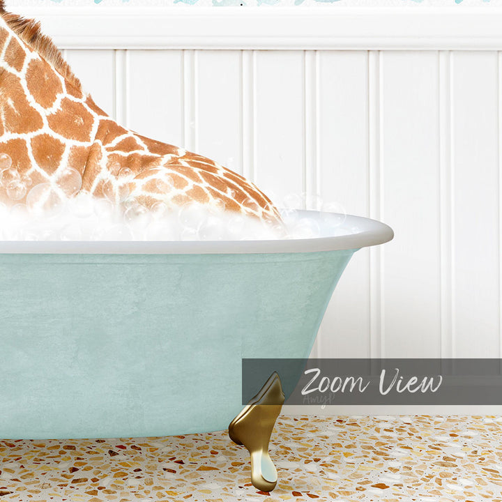A giraffe is sitting in a light blue bathtub filled with water, creating a whimsical and playful scene.