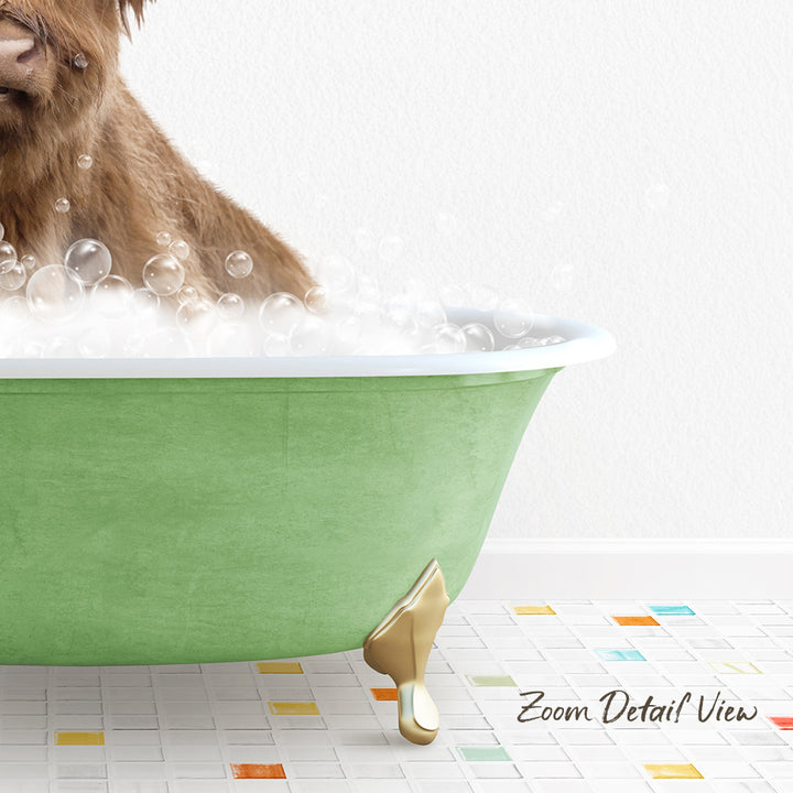 A dog is sitting in a green bathtub filled with bubbles, with a colorful tiled floor in the foreground.