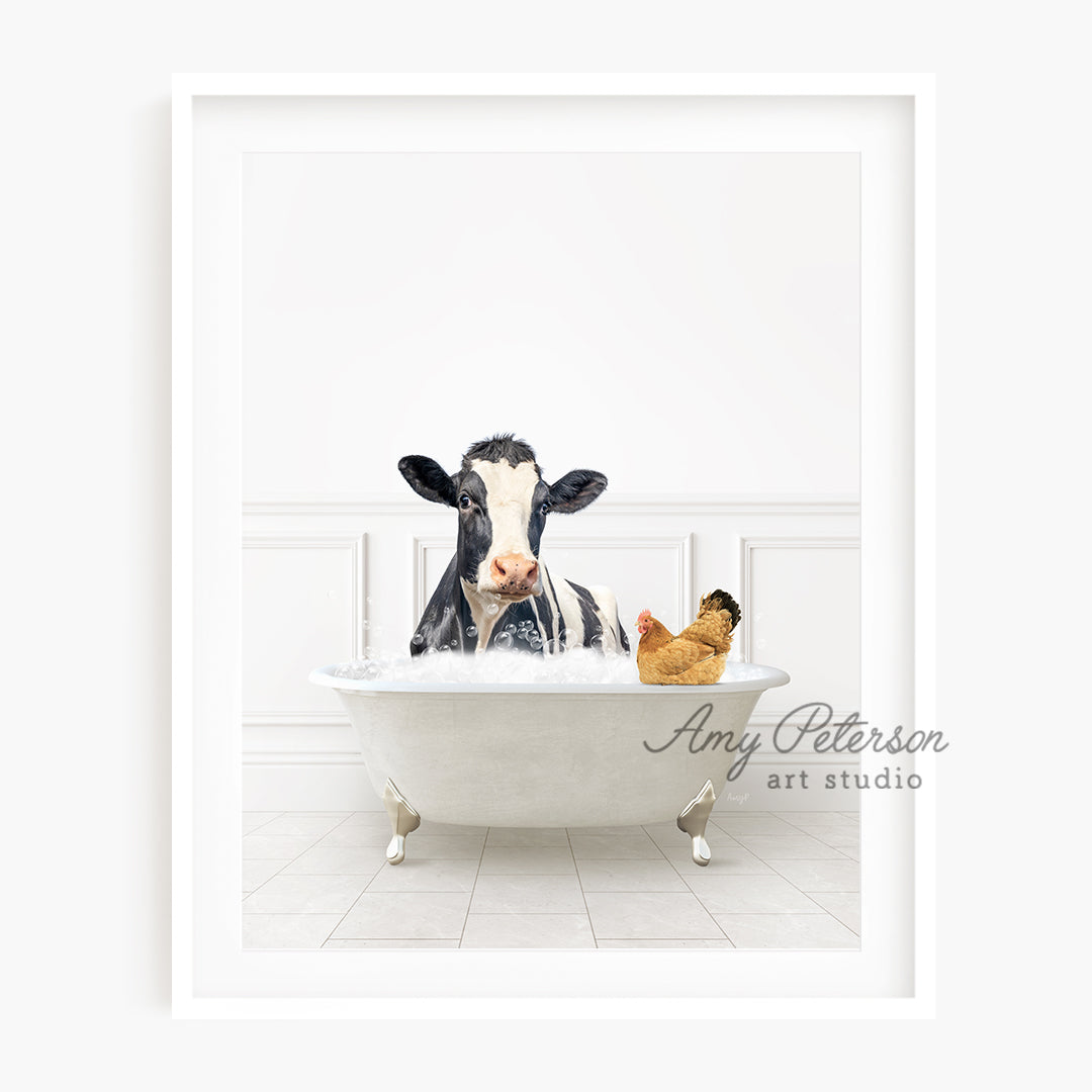 a cow sitting in a bathtub with a chicken in it