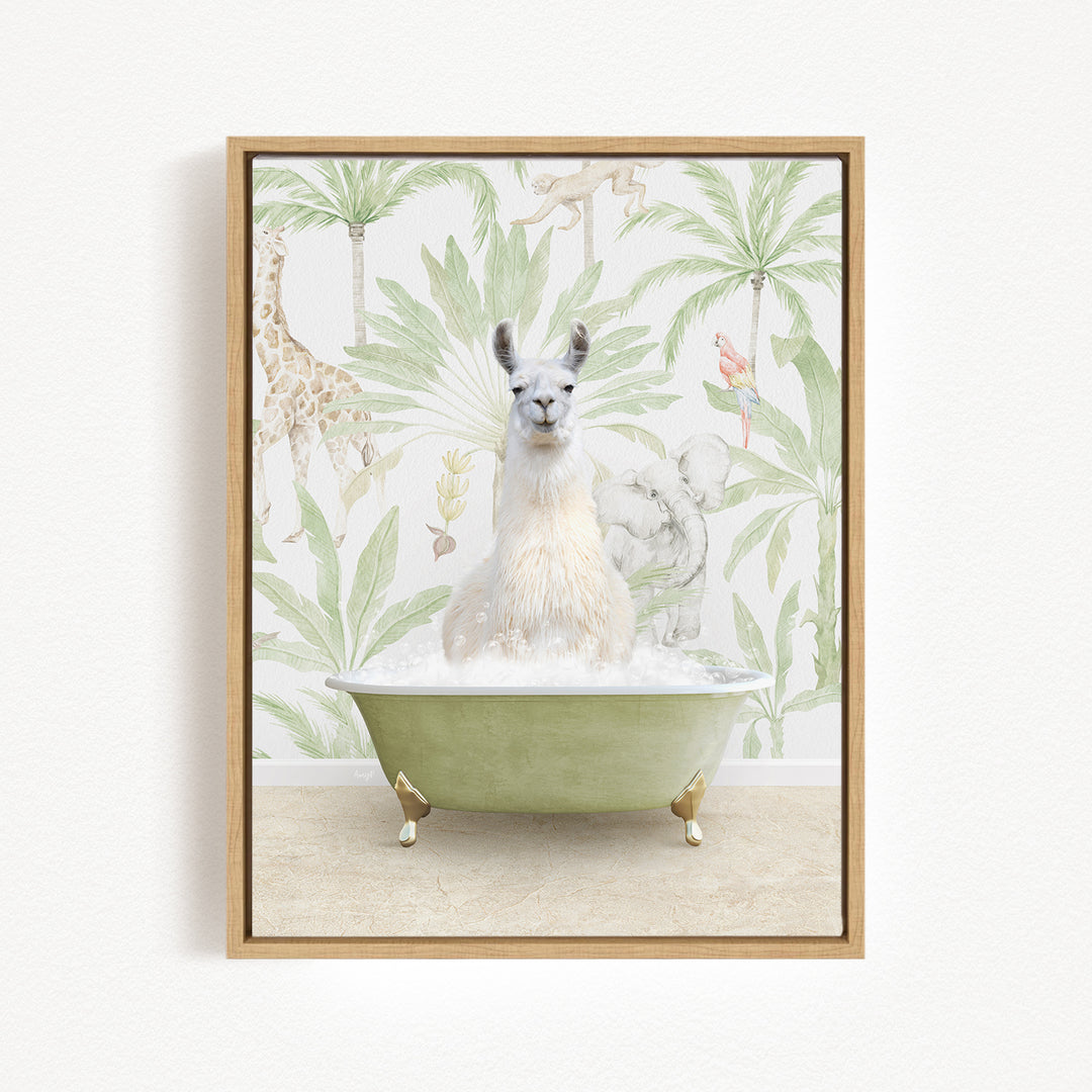 A white llama sitting in a green bathtub filled with bubbles, surrounded by a tropical jungle wallpaper.