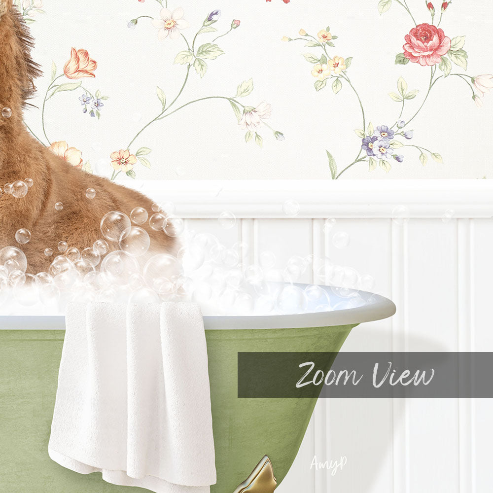 A dog is sitting in a bathtub filled with bubbles, with a towel hanging on the side and a floral wallpaper in the background.