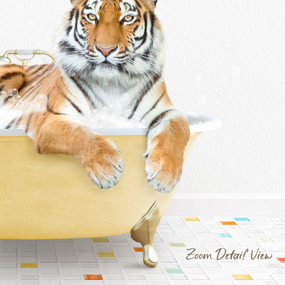 A tiger is sitting in a bathtub filled with water, with its front paws resting on the side of the tub.