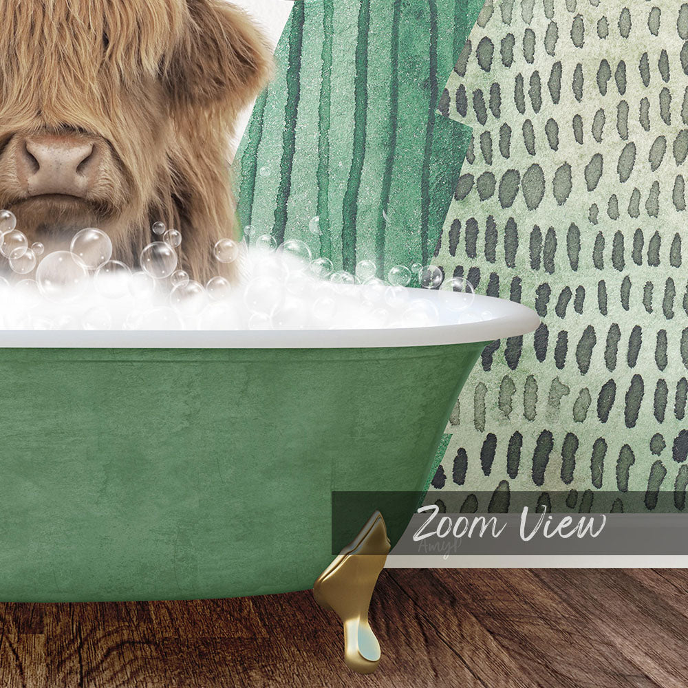 A close-up of a brown cow's head partially submerged in a green bathtub filled with bubbles, with a patterned wall in the background.