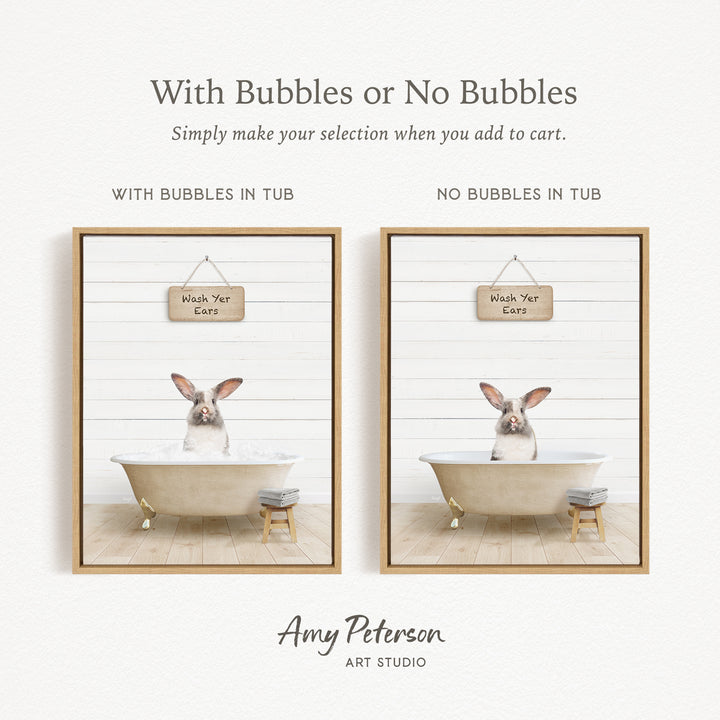 The image is a collage of two pictures, each featuring a rabbit sitting in a bathtub. The rabbit in the bathtub has ears hanging down, and there are signs hanging above the tub. The signs read "Wash Yer Ears".