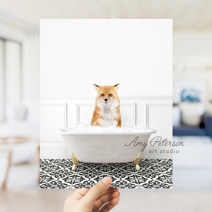 a person holding up a card with a picture of a dog in a bathtub