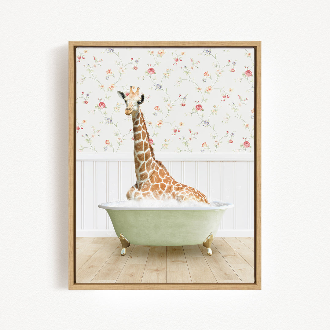 A giraffe sitting in a green bathtub filled with water, surrounded by a floral wallpaper.