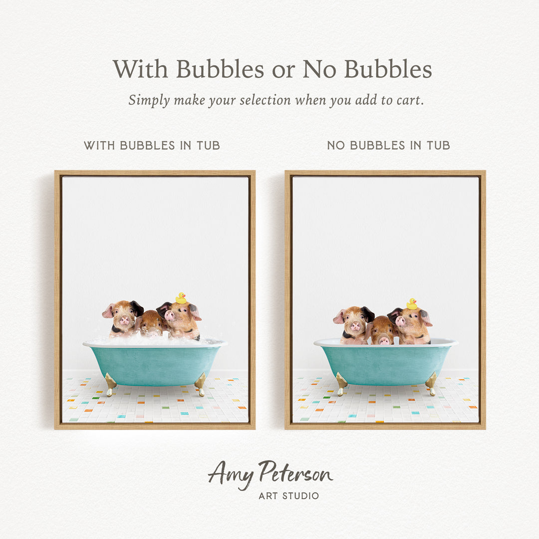The image is a collage of two framed pictures, each depicting a group of three small animals, likely hamsters, sitting in a bathtub. The text above the images reads "With Bubbles or No Bubbles" and below the images, it says "Simply make your selection when you add to cart."