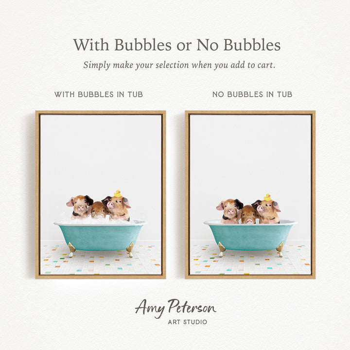 The image is a collage of two framed pictures, each depicting a group of three small animals, likely hamsters, sitting in a bathtub. The text above the images reads "With Bubbles or No Bubbles" and below the images, it says "Simply make your selection when you add to cart."