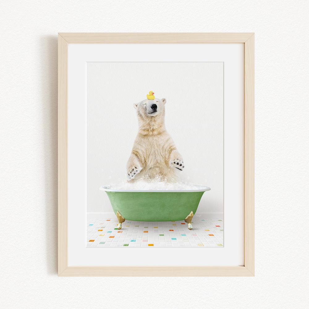 A polar bear standing in a green bathtub, with a yellow rubber duck floating on its head.