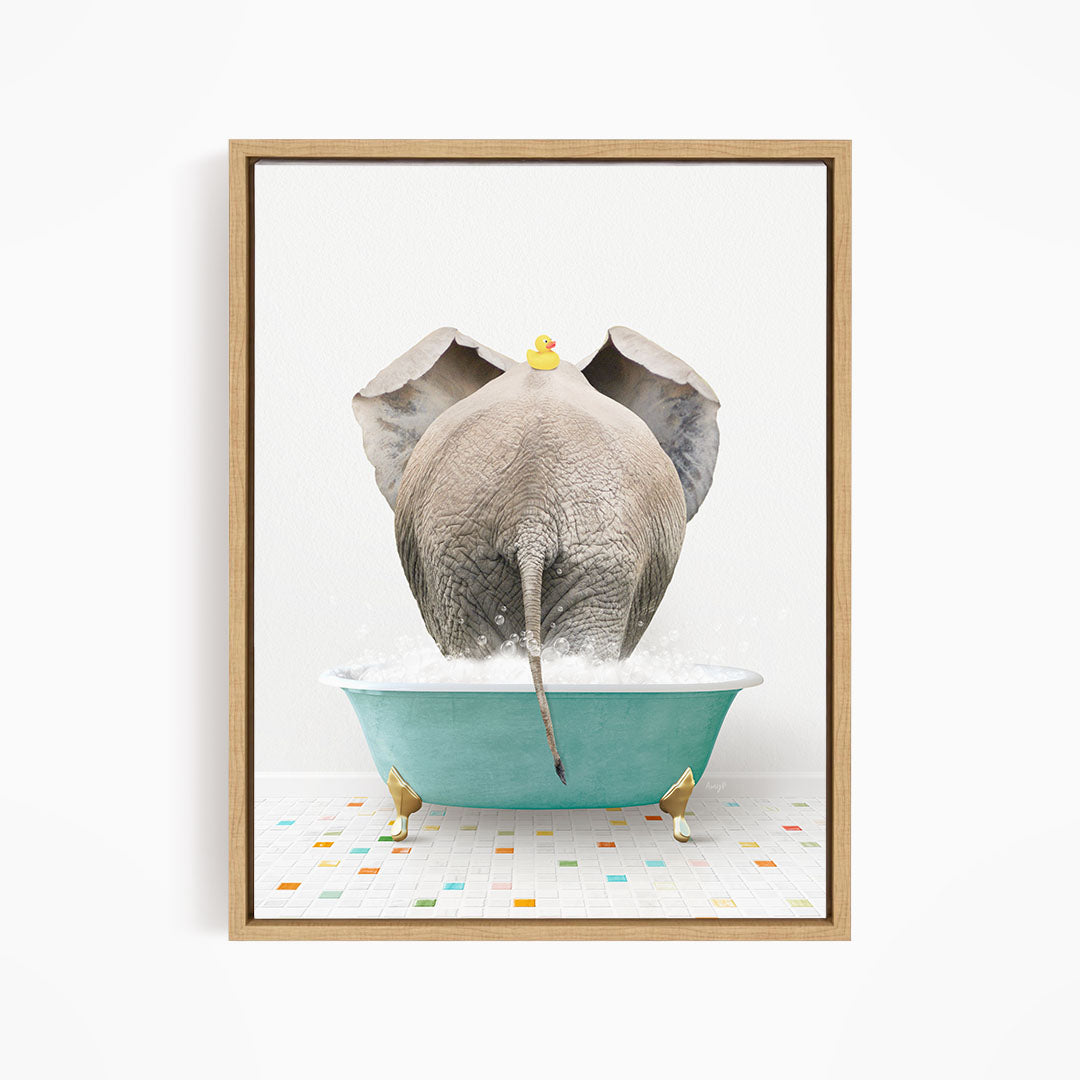 An elephant is taking a bath in a blue tub, with a yellow rubber duck floating on its head.