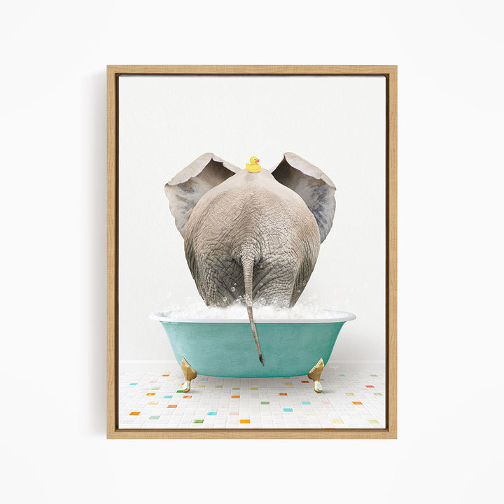 An elephant is taking a bath in a blue tub, with a yellow rubber duck floating on its head.