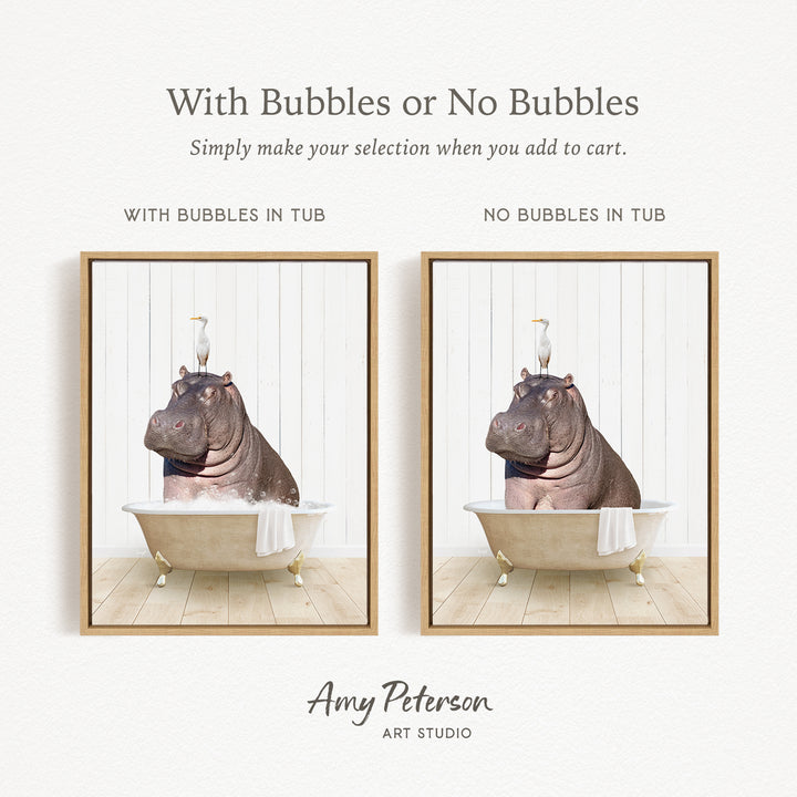The image is a collage of two framed pictures, each depicting a hippopotamus sitting in a bathtub. The text above the images reads "With Bubbles or No Bubbles" and below the images, it says "Simply make your selection when you add to cart."