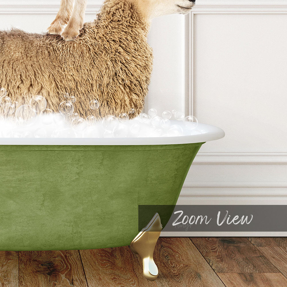 A fluffy brown sheep is standing in a green bathtub filled with bubbles, with a white wall in the background.
