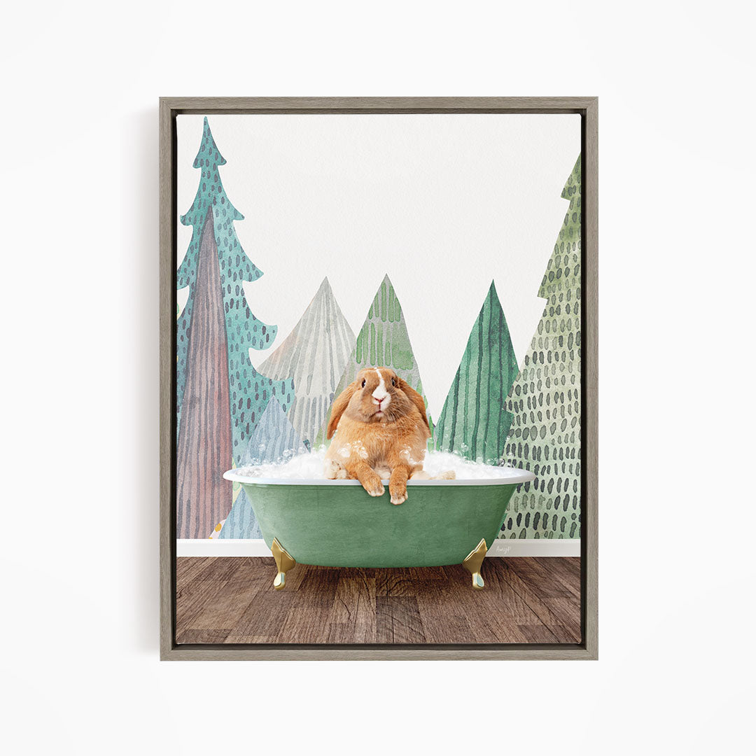 A brown rabbit sitting in a green bathtub, surrounded by a forest scene with trees in various shades of green and brown.