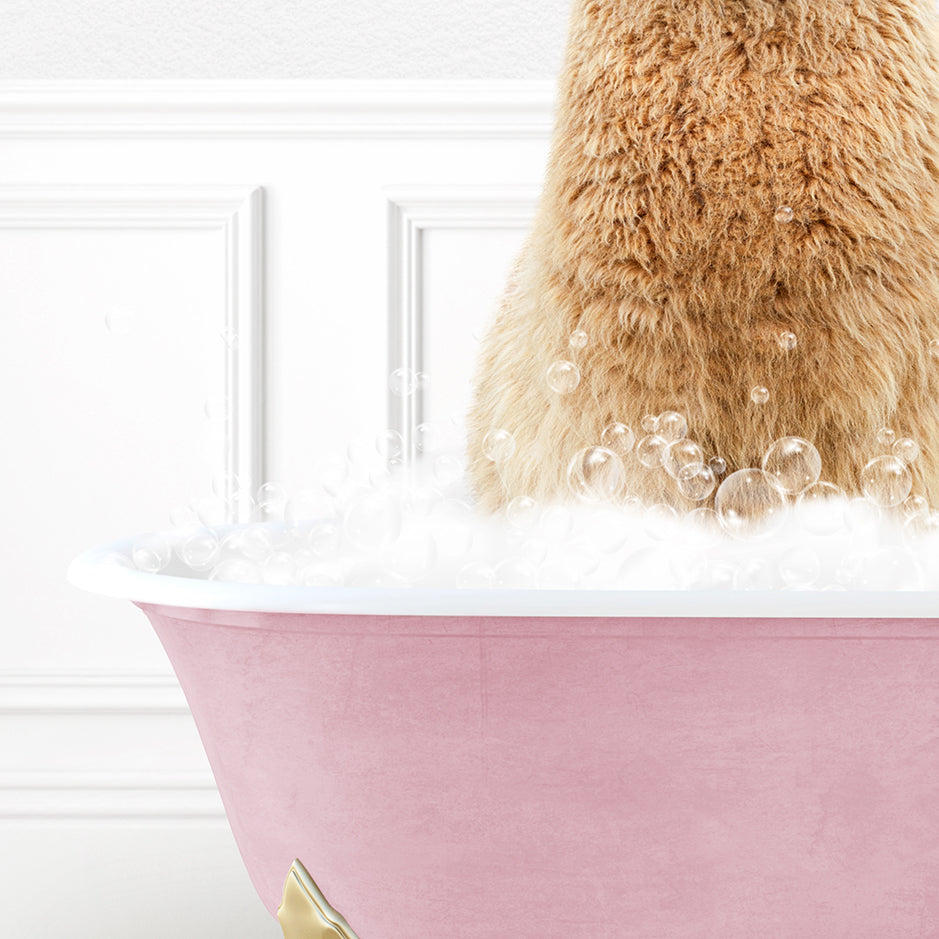 a brown bear sitting in a bathtub filled with bubbles