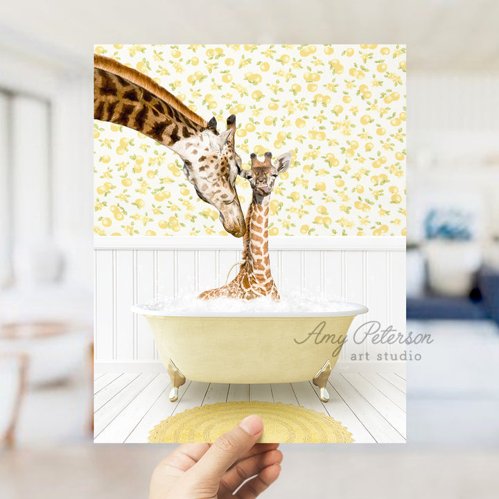 a giraffe standing next to a baby giraffe in a bathtub