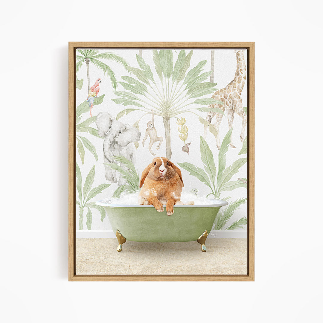 A rabbit sitting in a green bathtub filled with water, surrounded by various animals such as a giraffe, parrot, and elephant, all set against a tropical jungle backdrop.